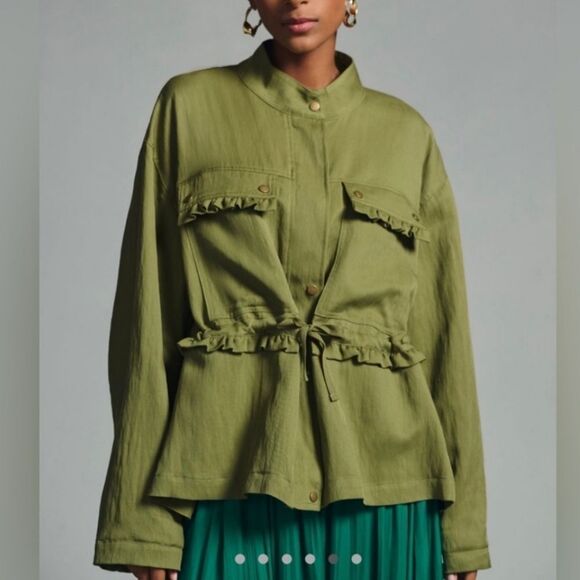 Anthropologie Oversized Green Utility Ruffle Jacket Size Small Medium - Picture 6 of 15